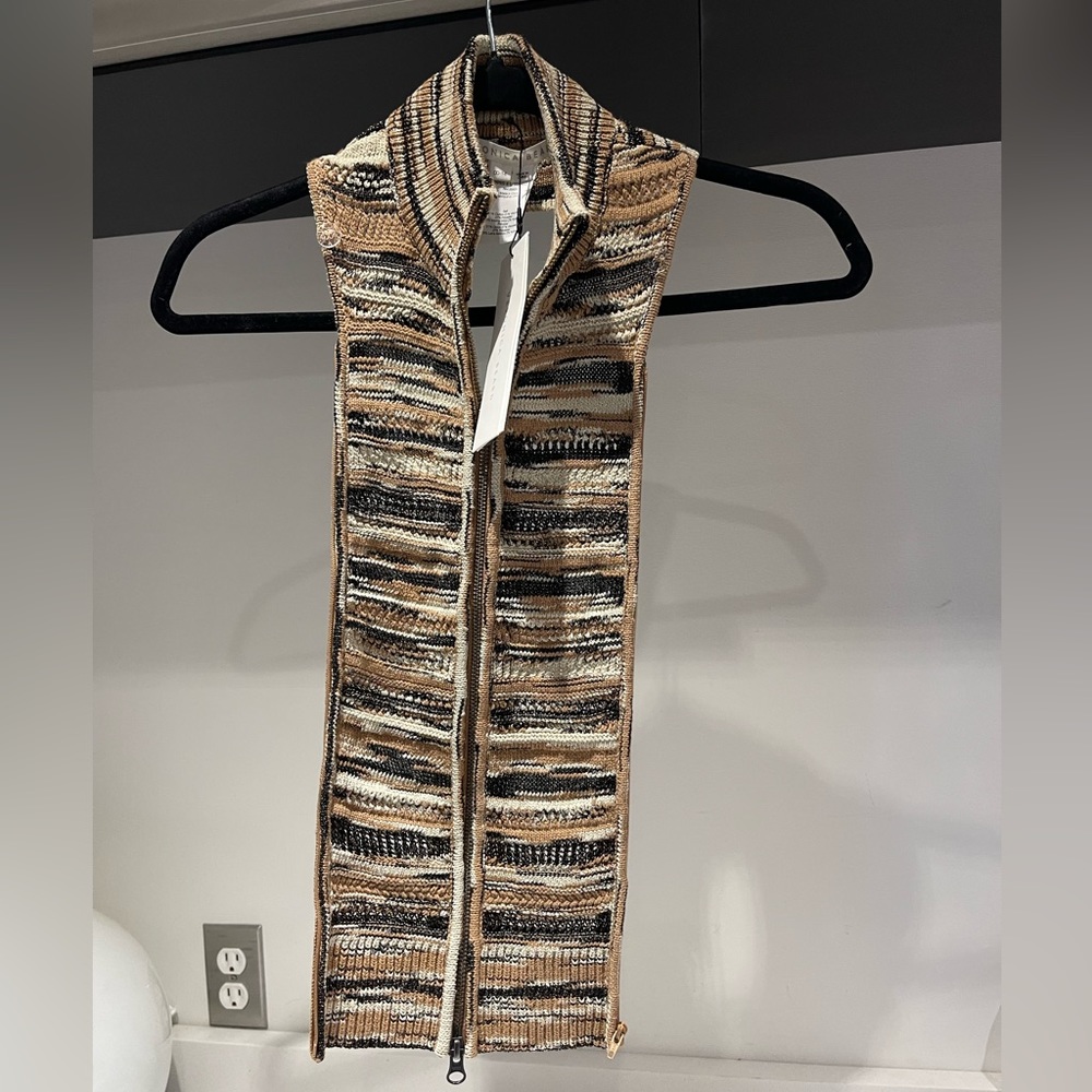 Veronica Beard Multicolor Knit Zip Scarf Vest - Tan, Black, Cream